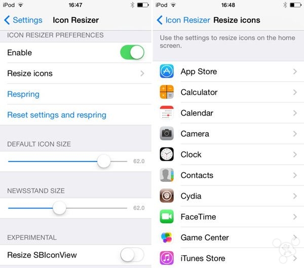 iOS7.1.2越狱插件推荐：改变桌面图标的大小Icon Resizer